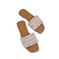 GORGLITTER Women's Faux Pearls Decor Flat Sandals Color Block Open Toe Leather Slide Sandals