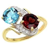 Silver City Jewelry 10K Yellow Gold Diamond Natural Swiss Blue Topaz & Garnet Mother's Ring Round 7mm, Size 8.5