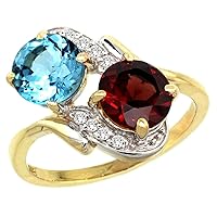 10K Yellow Gold Diamond Natural Swiss Blue Topaz & Garnet Mother's Ring Round 7mm, Size 8.5