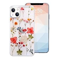 Omorro Compatible with iPhone 13 Flower Girly Case, Girls Floral Design Pressed Dry Real Flowers Slim Cover Case Silicone TPU Rubber Romantic Cute Protective Clear Case for Women Girls Kids Red