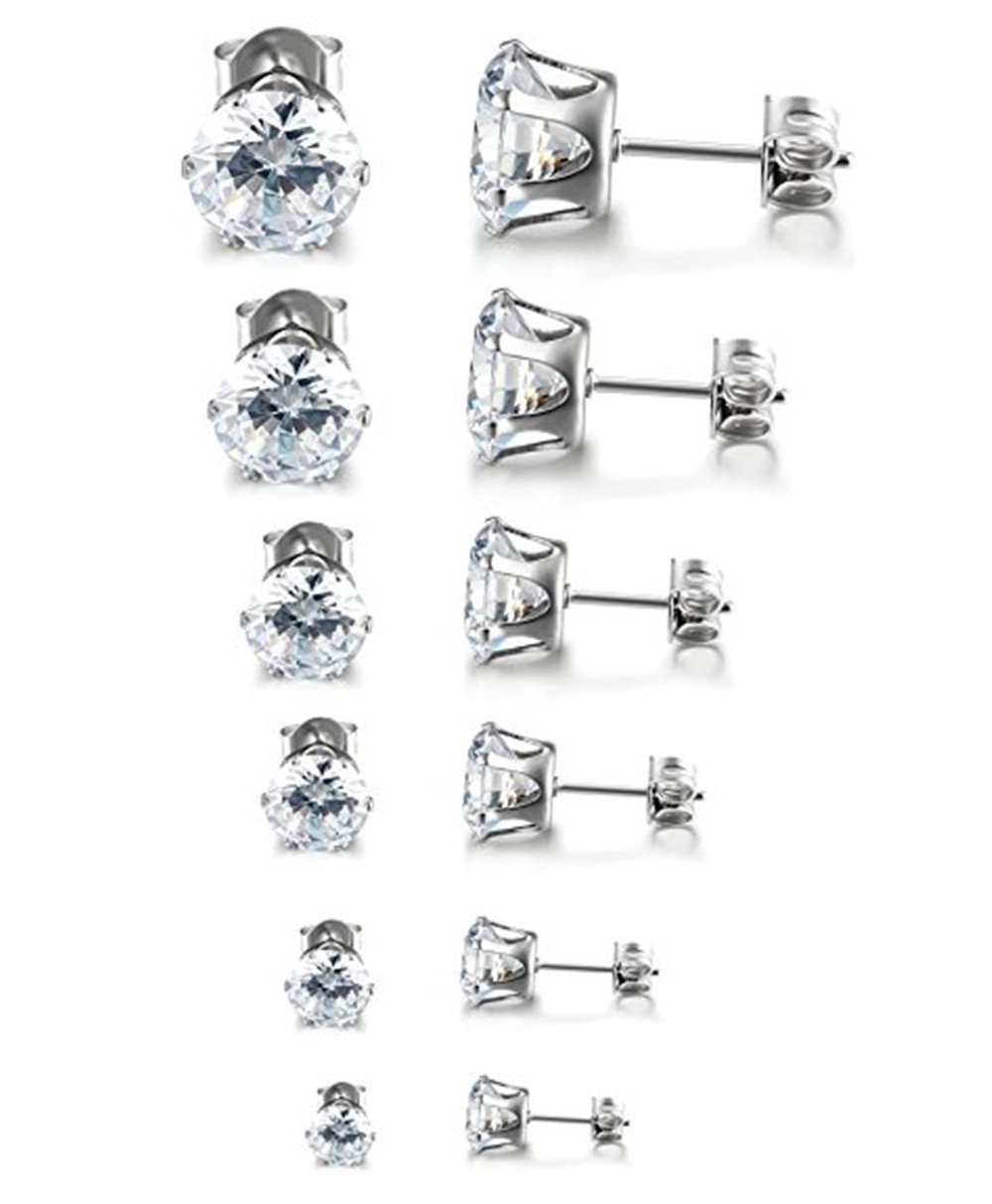 Besteel 20 Pairs Stainless Steel Black Stud Earrings for Men Women Cool CZ Earring Set Ear Jewelry 3-6mm (F:6 Pairs Round)