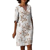 Flower Dresses for Women 2024, Womens Casual Midi Sleeve Printed V Neck Loose Mid Length Spring Dress, S, 3XL