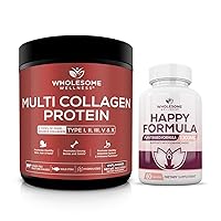 Wholesome Wellness Multi Collagen Protein Powder Hydrolyzed (Type I II III V X) Happy Formula Natural Stress Formula Relief Supplement Bundle