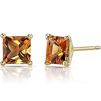Peora 14K Yellow Gold Genuine Citrine Stud Earrings for Women, 2 Carats Princess Cut Classic Solitaire, AAA Grade, Friction Back