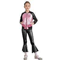 Girls Shiny Dance Clothing Set Sequins Jacket Coat with Bell Bottoms Pants Tracksuit for Hip Hop Jazz Dancewear