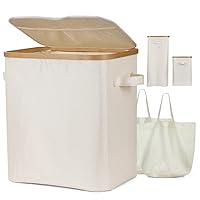 yamagahome Laundry Basket with Lid, 60L Collapsible Large Hamper with 2 Removable Bag and Upgrade Lid Design, Waterproof Laundry Basket Made of Bamboo and Oxford (Beige)