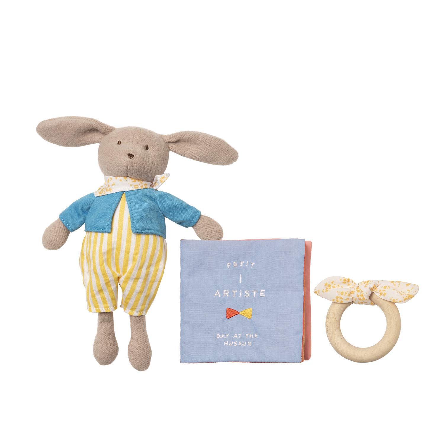 Manhattan Toy Petit Artiste Bunny Doll, Soft Book, & Wooden Teether Baby Soothing Gift Set Medium