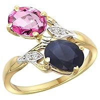 14k Yellow Gold Diamond Natural Pink Topaz & Blue Sapphire 2-Stone Ring Oval 8x6mm, Sizes 5-10