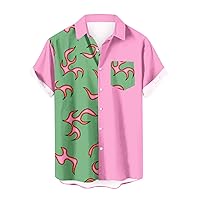 Mens Summer Short Sleeve Shirts Fashion Color Block Printed Turndown Collar Pocket Loose Button Down Hawaiian Shirt