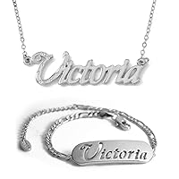 Victoria Name Necklace & Bracelet 18K White Gold Plated Personalized Dainty Necklace - Jewelry Gift Women, Girlfriend, Mother, Sister, Friend, Gift Bag & Box