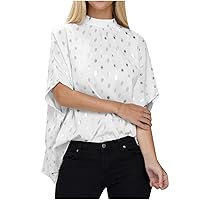 Women's Casual T Shirts Summer Short Sleeve Mock Neck Tee Top Asymmetric Polk Dot Printed T Shirt Dressy Blouses
