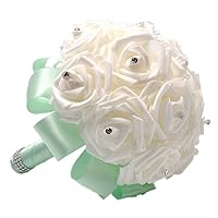 Artificial Flower Pearl Crystal Silk Roses Bridesmaid Bridal Holding Wedding Bouquet, Mint