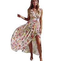 Women's Casual Dresses Sleeveless Loose Wrap V Neck Floral Print Bohemian Fashion Swing A-Line Pleated Hem Midi Dress