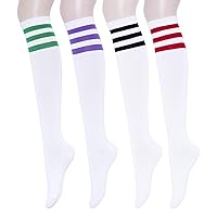 Knee High Socks for Women and Girls – 4 Pairs Striped Tube Socks with Non-Slip Ribbed Cuffs (Shoe Size 6-10)