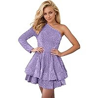Fair Lady One Shoulder Homecoming Dress Short Sparkly Sequin Long Sleeve Layered Cocktail Gowns for Teens