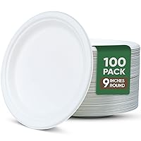 Paper Plates 9 Inches, 100 Pack Disposable Plates For Party – 100% Compostable Plates, Water & Oil Proof Paper Plates, Microwavable Paper Plates Bulk - White