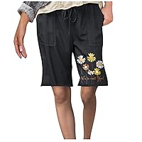 Daisy Print Beach Shorts for Women, Elastic Drawstring Waist Shorts Casual Summer Short Pants Comfy Linen Bermuda Short