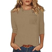 Womens 3/4 Sleeve Tops Solid Color Round Neck Shirts Loose Blouses Three Quarter Sleeve Tshirts