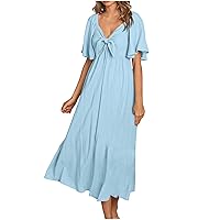 Women's Casual Dresses Ruffle Puff Short Sleeve Sweetheart Neck Tie Front Pleated Flowy Long Maxi Dress Summer Vacation Dress