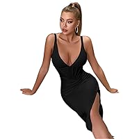 Dresses for Women -Neck Split Thigh Backless Bodycon Date Night Party Cami Bandage Dress (Color : Black, Size : Large)