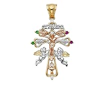 14K Tri Color Cubic zirconia Religious Cross of Caravaca Pendant | 14K Tri Color Gold Christian Jewelry Jesus Pendant Locket For Men Women | 40 mm x 28 mm Gold Chain Pendants | Weight 6.2 grams