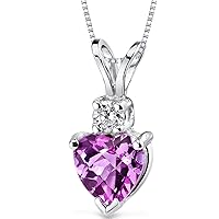 PEORA Solid 14K White Gold Created Pink Sapphire with Genuine Diamond Pendant for Women, Heart Shape Solitaire, 6mm, 1.15 Carats total