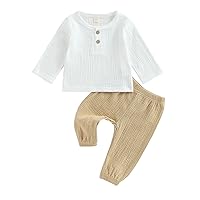 2Pcs Toddler Baby Boy Girl Clothes Cotton Linen Outfit Solid Color Long Sleeve T-Shirt Tops Elastic Waist Pants Set
