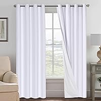 White Blackout Curtains, Thermal Curtains 96 inches Long 100% Blackout Textured Linen Look Curtain Draperies Anti-Rust Grommet Drapes with White Liner, 2 Panels, Bright White