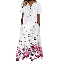 2023 Summer Dresses for Women Casual Stripe Button V Neck Sleeveless Pocket Long Holiday Dress Floral Beach Dress