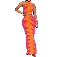 Midi Dress for Women Vibrant Sleeveless Halter Neck Ribbed Two-Piece Maxi Dress Set