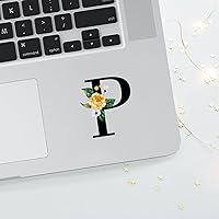 Monogram Initial Letter P with Flowers Stickers for Water Bottles, Phone, Laptop, Skateboard, Car, Watercolor Alphabet Window Car Vinly Sticker, Pack 3 Pcs