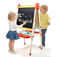 TOP BRIGHT Wooden Art Easel for Kids, Toddler Easel Adjustable with Painting Whiteboard, Child Easel with Magnetic Blackboard