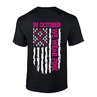 Men's Breast Cancer Awareness Tshirt Distressed Flag in October We Wear Pink Patriotic Short Sleeve T-Shirt Graphic Tee