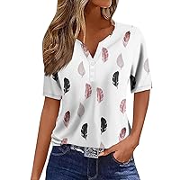 Spring Shirts for Women 2024 Fashion Feather Printed Tees V Neck Button Down Short Sleeve Blouse Tops