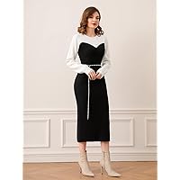TLULY Sweater Dress for Women Two Tone Sweater Dress Without Belt Sweater Dress for Women (Color : Black and White, Size : Small)