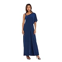R&M Richards Womens One-shoulder Flare Jumpsuit With Overlay and Draped Sleeves