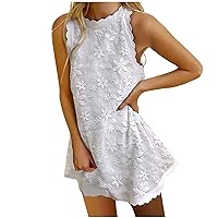 Women Cotton Linen Embroidery Flower Scallop Tank Dress Summer Keyhole Back Sleeveless Fashion Casual Mini Dresses