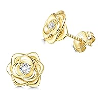 JeweBella 925 Sterling Silver Stud Earrings for Women Girls Hypoallergenic Small Rose Flower Earrings with 5A+Cubic Zirconia Helix Cartilage Earrings Jewellery Gifts Silver/Gold/Rose Gold/Black