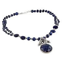 NOVICA Handmade Lapis Lazuli Pendant Necklace .925 Sterling Silver Jewelry Blue Statement India Floral Bollywood Birthstone 'Midnight Lily'