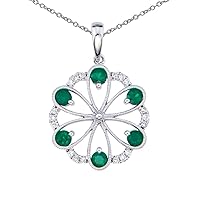 14K White Gold Round Emerald & Diamond Flower Pendant (Chain NOT included)