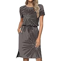 Summer Dresses for Women 2023 Abdominal Control Sun Dress Round Neck Short Sleeve Striped Printed Midi Dress