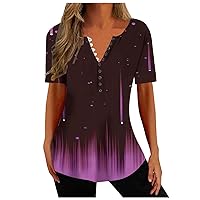 Womens Henley V Neck Casual Blouses Button Down T Shirts Glitter Printed Flare and Flowy Tops Loose Fit T Shirts