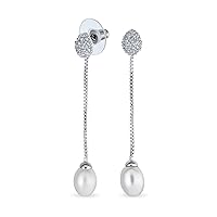 Bridal Simple CZ White Freshwater Cultured Pearl Linear Chain Dangling Earrings For Women For Teen Silver Plated Brass