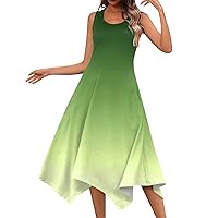 Knee Length Dress for Women, Womens Formal Dresses Tummy Control Dress for Women Ladies Irregular Hem Dress Breathable Round Neck Daily Sleeveless Dressy Midi Women's (Fluorescent Green,Medium)