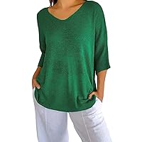 3/4 Length Sleeve Womens Tops Casual Loose Fit V Neck T Shirts Solid Three Quarter Length Tunic Tops