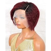 Short Pixie Cut Bob Wig Yaki Ombre 1b/99j Color Kinky Straight Human Hair Wig 13x6 HD Transparent Lace Front Wig Side Part Invisible Lace Glueless Wigs 150% Density Remy Hair 10inch