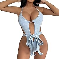 Bathing Suits for Girls White One Piece Bathing Suit Cheeky Bikini Solid Color Sexy Swimsuit Tie Tight Backle