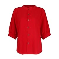 Linen Shirts for Women 2024 Solid Color Button Vintage Fashion Trendy Loose with Half Sleeve Round Neck Shirts