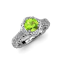Peridot & Natural Diamond Floral Halo Engagement Ring 1.35 ctw 14K White Gold