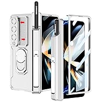 for Samsung Galaxy Z Fold 3 Case Magnetic Hinge Coverage Protective with S Pen Holder Ring Kickstand Case, Slide Camera Cover, Front Screen Protector All-Inclusive Case (Silver)
